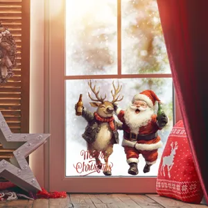 Festive Christmas window sticker featuring Santa Claus and reindeer, perfect holiday home decor.