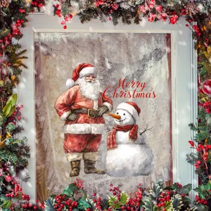 Christmas window sticker featuring vintage watercolor Santa Claus and cute snowman design.