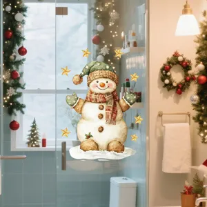 Christmas snowman window sticker, cute watercolor holiday static glass decal for home decor.