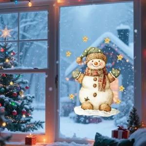 Christmas snowman window sticker detail, cute watercolor design with stars and winter scene.