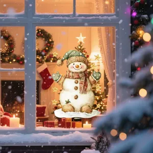 Christmas snowman window sticker for holiday home decor, cute festive static glass cling.
