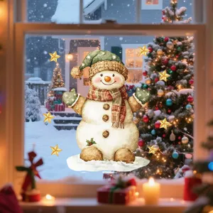 Cute watercolor snowman window sticker with gold stars for Christmas home decor detail