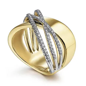 Anillo Abierto de Líneas Cruzadas Geométricas de Cobre de Dos Tonos de Moda para Unisex Cobre Circonia Incrustada Banda Ancha Joyería de Moda Hip Hop Anillo de Dedo