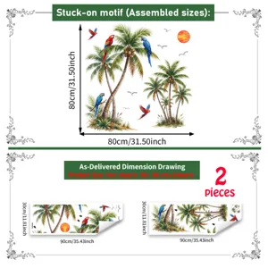 Détail du sticker mural palmier perroquet tropical avec dimensions de pose et de feuilles.