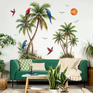 Detail de sticker mural perroquet palmier tropical decoration murale aquarelle salon.