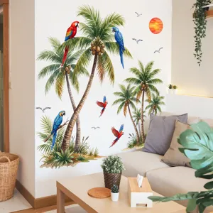 Vue détaillée du sticker mural palmier tropical et perroquet dans un salon confortable.