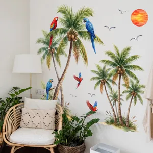 Sticker mural tropical palmier perroquet pour décoration de fond de salon chambre à coucher.