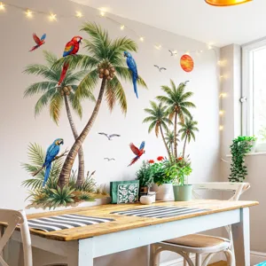 Sticker mural tropical cocotiers et oiseaux volants, idéal pour la déco de chambre et salon.