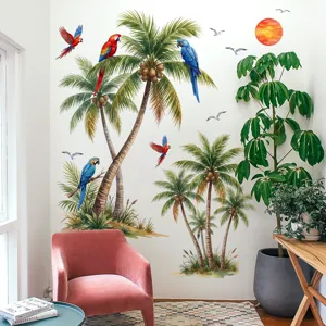 Sticker mural palmier tropical et oiseaux pour salon chambre décoration murale auto-adhésif