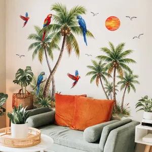Sticker mural palmier tropical et perroquet, parfait pour la decoration du salon et de la chambre.