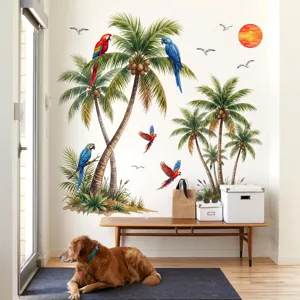 Stickers muraux tropicaux de cocotier et de perroquet pour salon chambre à coucher.