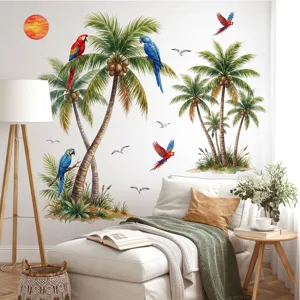 Vue de détail d'un autocollant mural de palmier de coco tropical et perroquet.