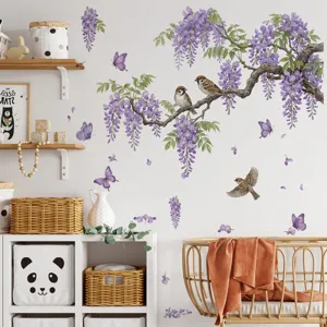 Sticker mural oiseau glycine pour chambre salon décoration maison autocollant vinyle.