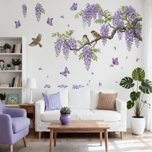 Stickers muraux glycine et oiseaux pour salon chambre decoration auto-adhesif papier peint