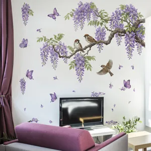 Autocollant mural glycine et oiseaux volants pour salon chambre fond décoration détail
