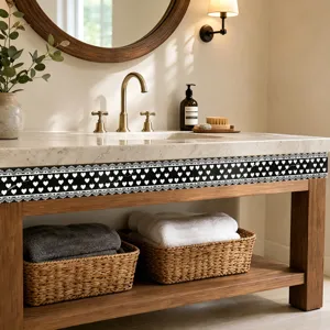 Detailed view of black and white heart lace border sticker applied on bathroom vanity edge.