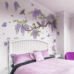 Stickers Muraux Autocollants en PVC Minimalistes Modernes Imperméables Aquarelle Cocotier Tropical Oiseaux Glycine Décalcomanies Murales pour Salon Chambre Décoration