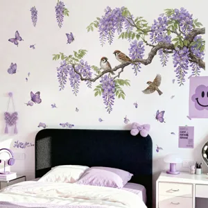 Autocollant mural wisteria oiseau papillon chambre salon decoration interieure adhesive