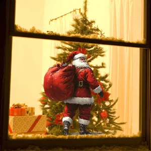 Festive Christmas Santa Claus window sticker for holiday home decor, static glass decal.