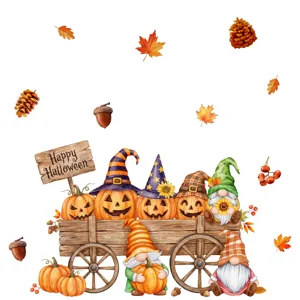 Detailansicht des Halloween-Wandaufklebers mit niedlichen Wichteln und bunten Herbstblättern.