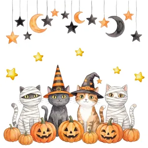 Halloween Aquarell Katze Wandaufkleber Detail mit süßen Hexenkatzen, Kürbissen und Grusel-Sternen.