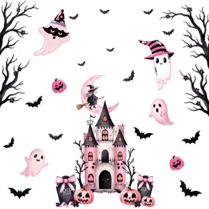 Halloween rosa Geist Schloss Wandaufkleber Set Details, süße Aquarell gruselige Dekoration.