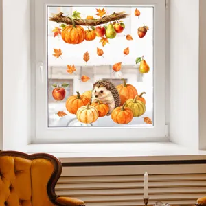 Herbst Igel Kürbis Fensteraufkleber Szene mit niedlicher Ernte Deko auf Glas für Feiertage.