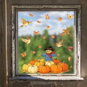 Herbst Ernte Fensteraufkleber mit Vogelscheuche und Kürbissen für die saisonale Glasdekoration.