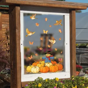 Nahaufnahme Detailansicht der Herbst Ernte Kürbis und Vogelscheuche Fensteraufkleber.
