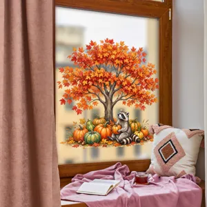 Herbst Ahornblatt Kürbis Waschbär Fensteraufkleber statische Glasfolie Dekoration.