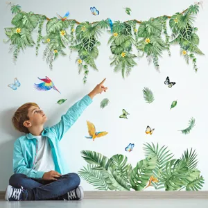 Stickers Muraux Plantes Tropicales Et Fleurs Aquarelle Lianes Suspendues Papillon Decals Muraux Auto-Adhésifs PVC Autocollants Décoratifs Pour Salon Chambre Maison