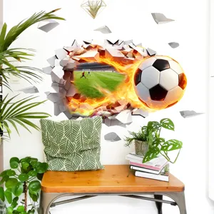 3D Soccer Wall Sticker Burning Ball Broken Wall Mural Home Decor Living Room Wall Decal