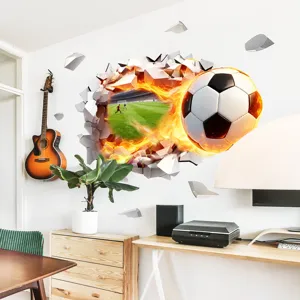 3D broken wall soccer sticker, realistic football wall mural for living room bedroom decor.