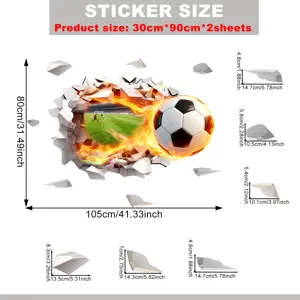 3D football wall sticker breaking through wall self-adhesive vinyl decal for bedroom decor