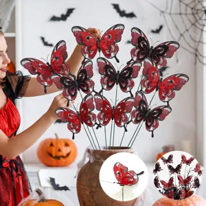 Halloween glitter butterfly garden stakes set with vibrant red wings for outdoor yard lawn decor.
