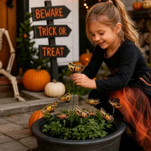 Halloween butterfly garden stakes lifestyle detail display, featuring vibrant lawn decor.