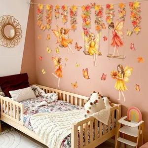 Autumn fairy leaf wall sticker for kids room bedroom decor, cute removable vinyl art decal.
