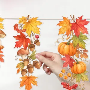 Autumn maple leaves pumpkin hanging banner detail, perfect for fall party and home wall decor.