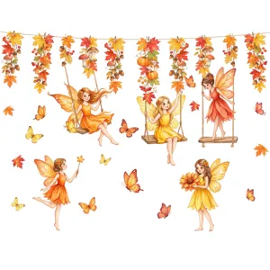 Cartoon autumn fairy wall sticker featuring maple leaves, vines, and cute butterflies for decor.