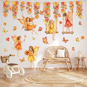 Cartoon autumn fairy wall stickers and maple leaf garland details for room decor.