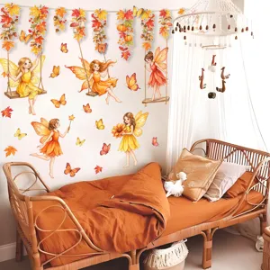 Cute autumn fairy wall stickers and maple leaf garland decor for kids bedroom and living room.