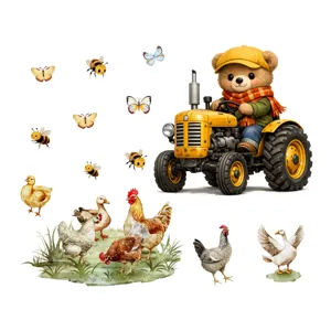 Tweezijdig Statische Raamsticker Cartoon Boerderij Beer Rijden Tractor Glas Decor Bedrukt PVC Decal Voor Kinderkamer Etalage Thuis