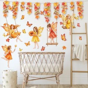 Cartoon Fairy Flower Vine Wall Stickers Removable Maple Leaf Garland Set For Living Room Bedroom Background Wall Decor