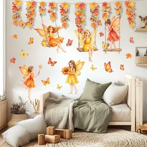 Cute autumn fairy wall stickers and maple leaf vine garlands for kids bedroom home decor details.