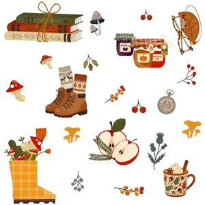 Leuke herfstthema sticker clipart set met boeken, laarzen, potten en gezellige elementen.