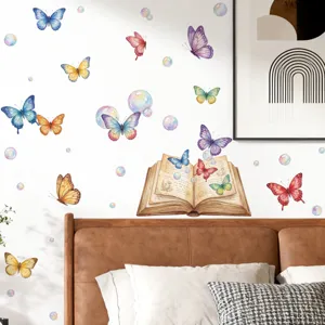 Adhesivo de pared de mariposa de acuarela con libro abierto y burbujas para dormitorio