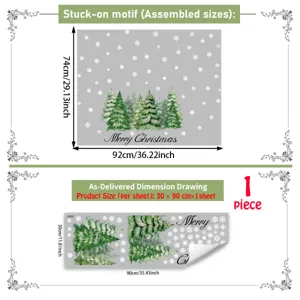 Christmas pine branch snowflake static glass window sticker detail dimension diagram.