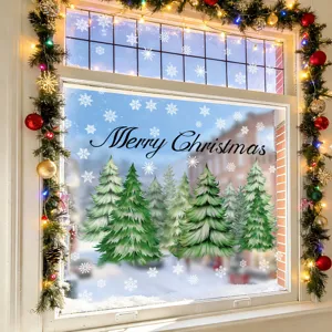 Close-up detail showing Christmas pine tree and snowflake window sticker decor in use.