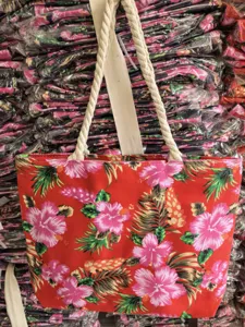 Red floral canvas tote bag with thick rope handles, large capacity casual shoulder bag.