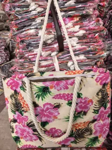 Floral canvas tote bag for women, large capacity shoulder bag with thick rope handles.